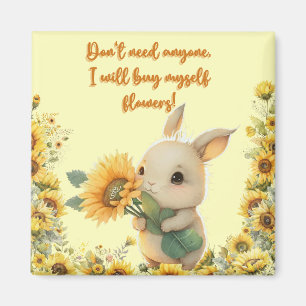 Süßes Babykaninchen hält Sonnenblume   Quadratisch Magnet