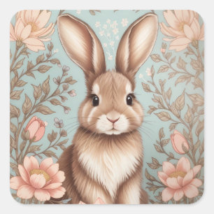 Süßes Babykaninchen Pastell-Blumenmuster Quadratischer Aufkleber