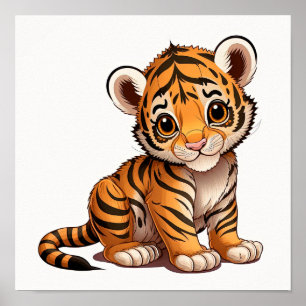 Süßes Babykleintiger sitzt auf weißem Hintergrund Poster