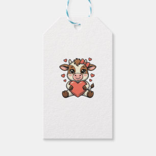 Süßes Babykuh hält herzförmige Vintage-Stickerei-S Geschenkanhänger
