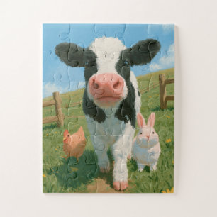 Süßes Babykuh mit Huhn und Häschen auf dem Bauernh Puzzle