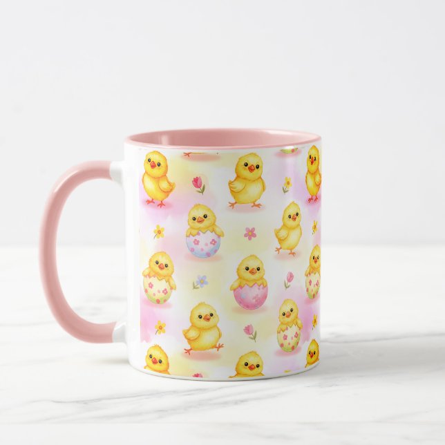 Süßes Babyküken Aquarell-Oster-Pink-Muster Tasse (Links)