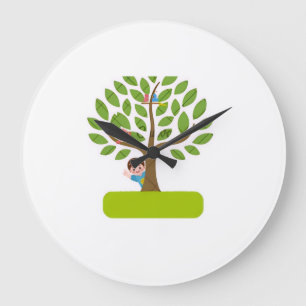 Süßes Baum-T-Shirt-Design mit Kindern und Vögeln Große Wanduhr