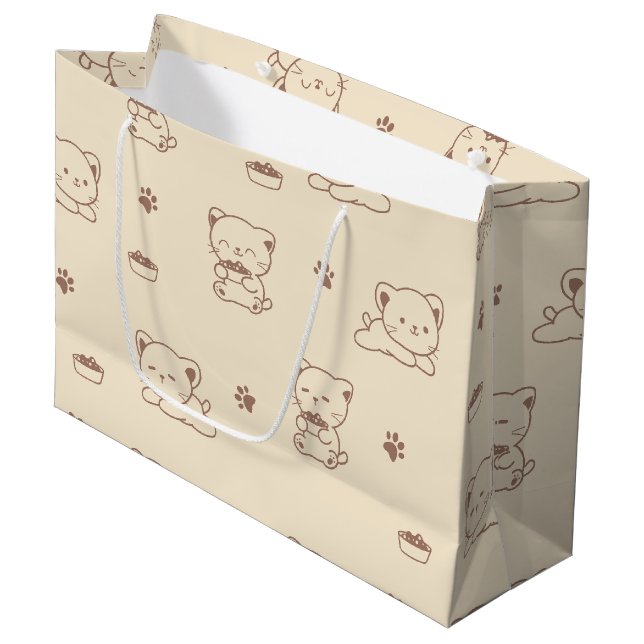 Süßes Beiges Katzenmuster (1) Große Geschenktüte (Vorderseite Schrägansicht)