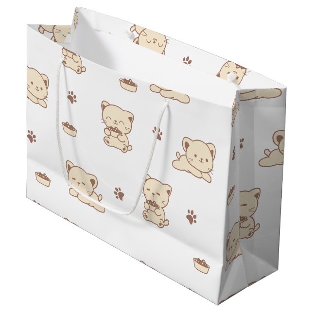 Süßes Beiges Katzenmuster (2) Große Geschenktüte (Vorderseite Schrägansicht)