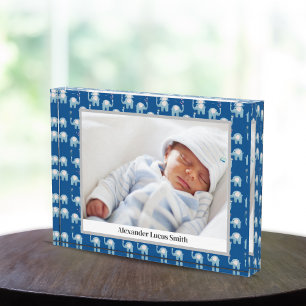 Süßes Blau Baby Elefanten Muster Name Fotoblock