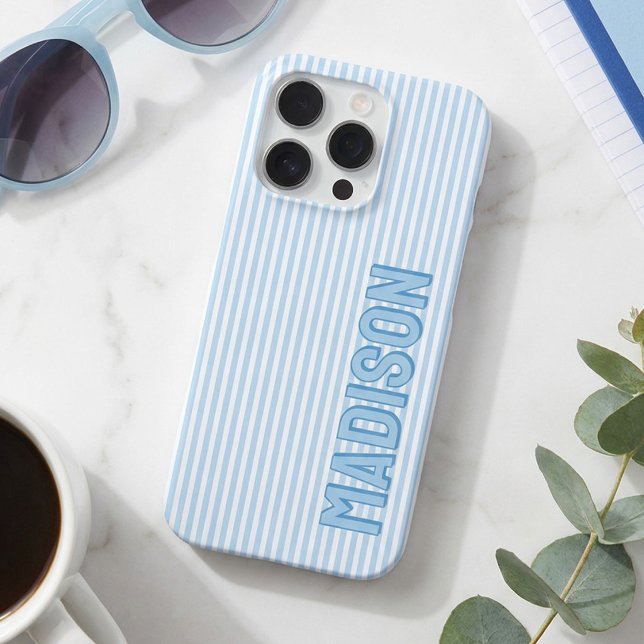 Süßes Blau & Weiß gestreift personalisierter Name iPhone Hülle (Von Creator hochgeladen)
