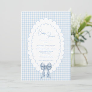 Süßes Blau-Weiß-Gingham-Vintage-Baby-Shower1 Einladung