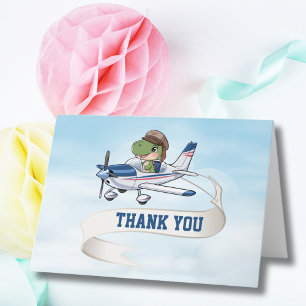 Süßes blau-weißes Flugzeug und Dinosaurier Kinderg Dankeskarte