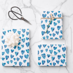 Süßes blaues Aquarell-Liebesherzmuster Geschenkpapier Set