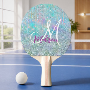 Süßes blaues Einhorn-Rhinestones-Drips-Monogramm Tischtennis Schläger