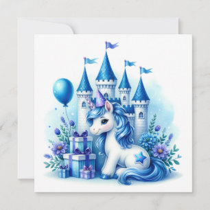 Süßes blaues Einhorn und Märchenschloss  Einladung