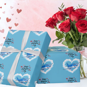 Süßes blaues Flugzeug und Wolken, Valentinstag für Geschenkpapier