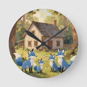 Süßes Blaues Fuchs Familienhaus Runde Wanduhr