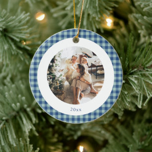 Süßes blaues Gingham-Karo- individuelles Foto-Weih Keramik Ornament