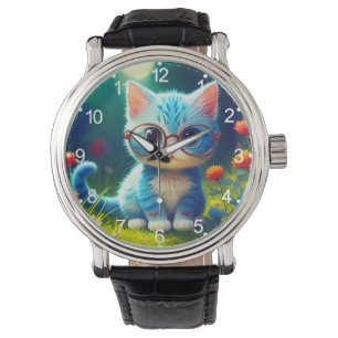 Süßes blaues Kätzchen mit Brille-47067 Armbanduhr