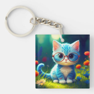 Süßes blaues Kätzchen mit Brille-47067 Schlüsselanhänger