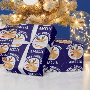 Süßes blaues Rentier Kindername Frohe Weihnachten Geschenkpapier