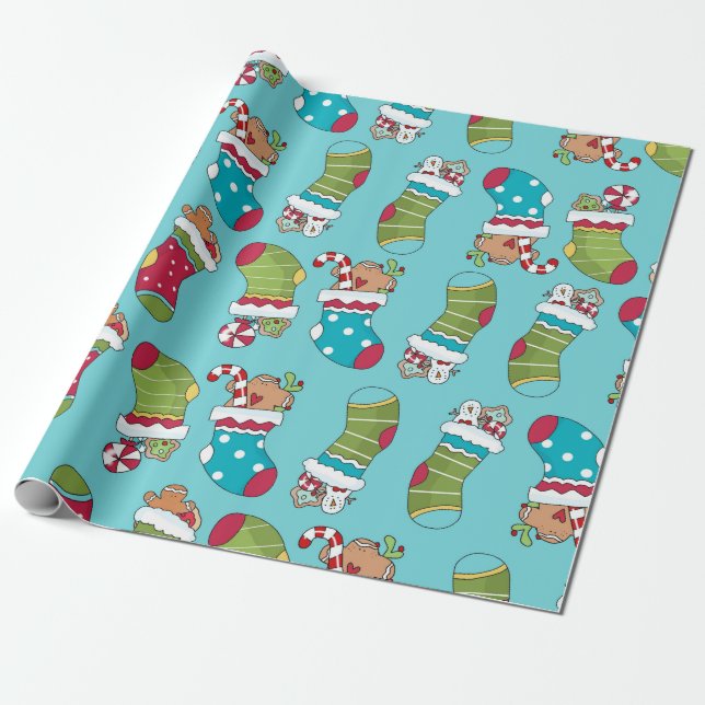 Süßes Blaues Rotes Grünes Weihnachtsstrumpf Muster Geschenkpapier (Ungerollt)