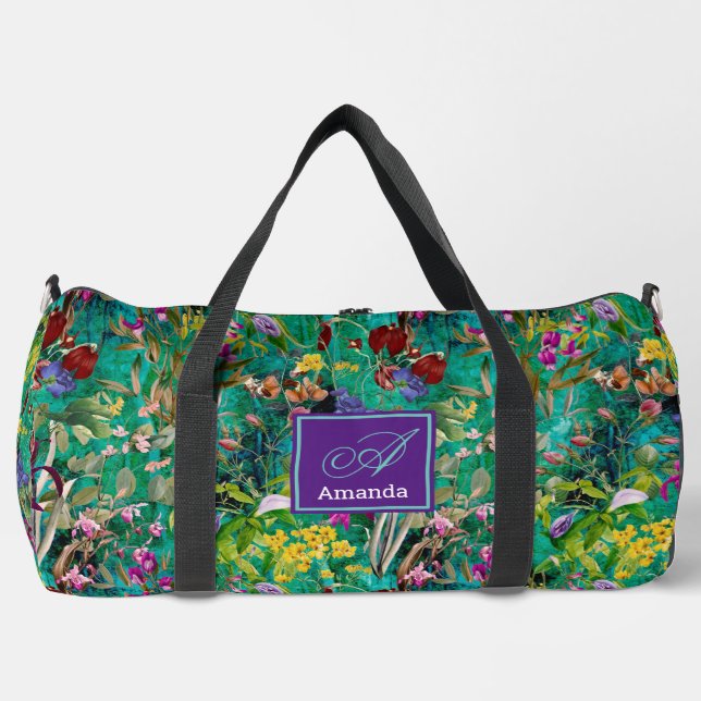 Süßes Blume Blätter Türkis-Monogramm gedruckt Duffle Bag (Vorderseite)