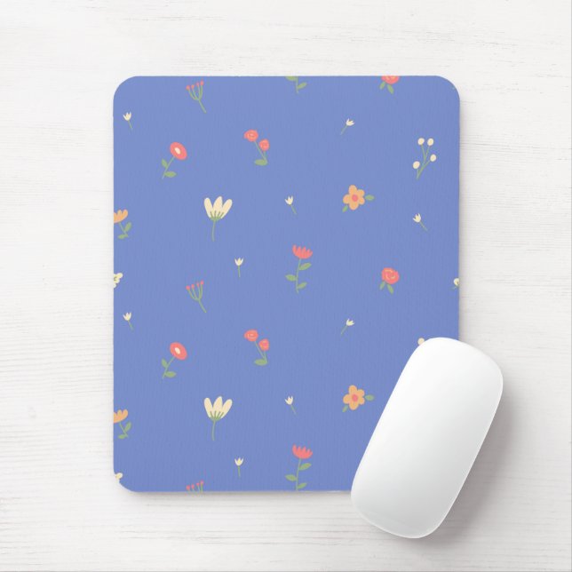 Süßes Blumenmuster auf blauem Hintergrund – Pastel Mousepad (Mit Mouse)