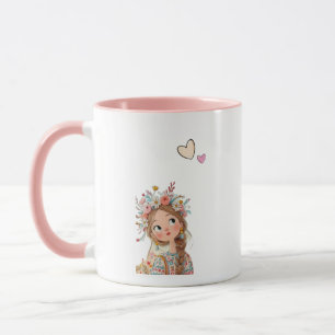 Süßes Boho-Mädchen mit Blumenkrone Rosa Tasse