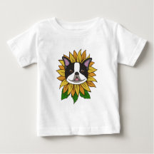 Süßes Boston Terrier-Hundgesicht auf Sonnenblume