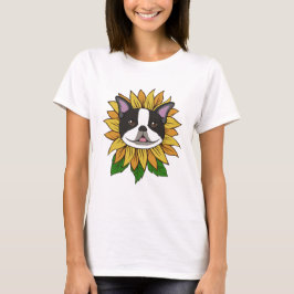 Süßes Boston Terrier-Hundgesicht auf Sonnenblume T-Shirt