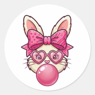 Süßes Bubblegum-Kaninchen mit Herzbrille Runder Aufkleber