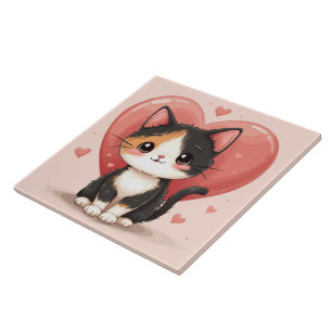 Süßes Calico-Katze-Herz-Valentinstag-Design Fliese