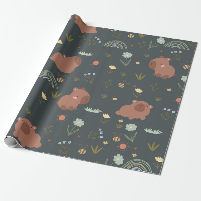 Süßes Capybara-Boho-Regenbogen-Blumenmuster Geschenkpapier (Ungerollt)