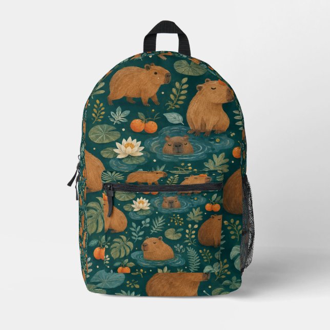 Süßes Capybara-Botanikmuster Bedruckter Rucksack (Vorderseite)