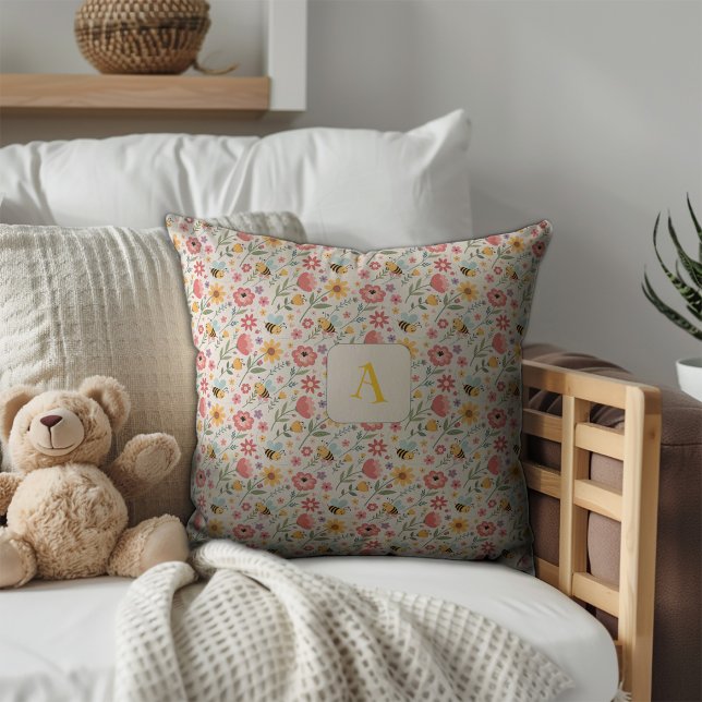 Süßes Cartoon-Biene-Blume-blaues Muster-Monogramm Kissen (Von Creator hochgeladen)