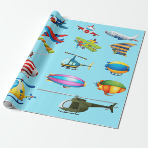 Süßes Cartoon-Flugzeugmuster Blaues Geburtstags- Geschenkpapier