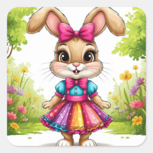 Süßes Cartoon-Kaninchen in farbenfrohem Kleid Quadratischer Aufkleber