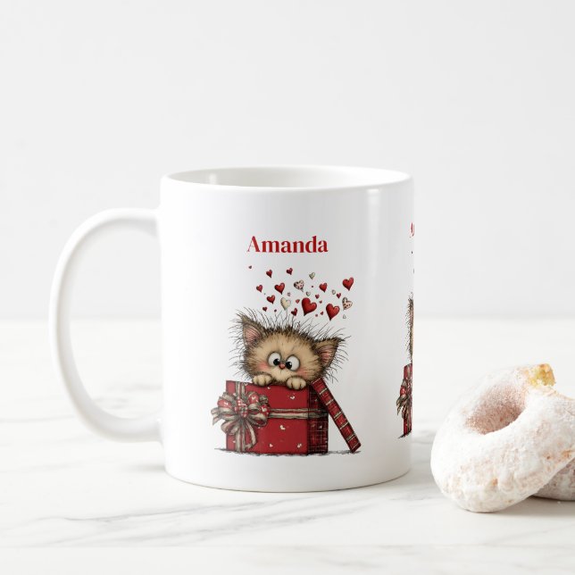 Süßes Cartoon-Kätzchen in einer Box mit Herzen Kaffeetasse (Mit Donut)