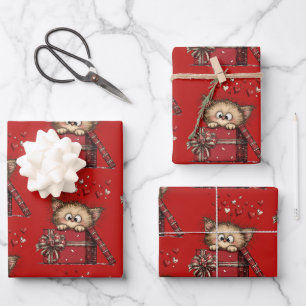 Süßes Cartoon-Kätzchen in einer Schachtel mit Herz Geschenkpapier Set