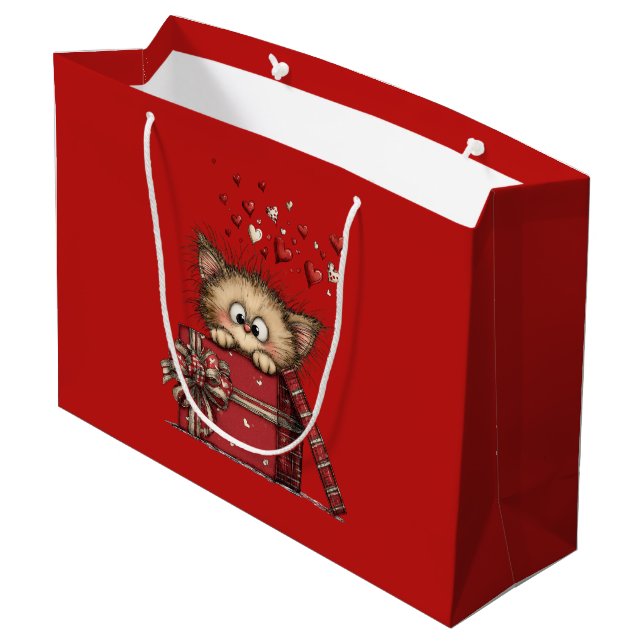 Süßes Cartoon-Kätzchen mit Herzen Große Geschenktüte (Rückseite Schrägansicht)