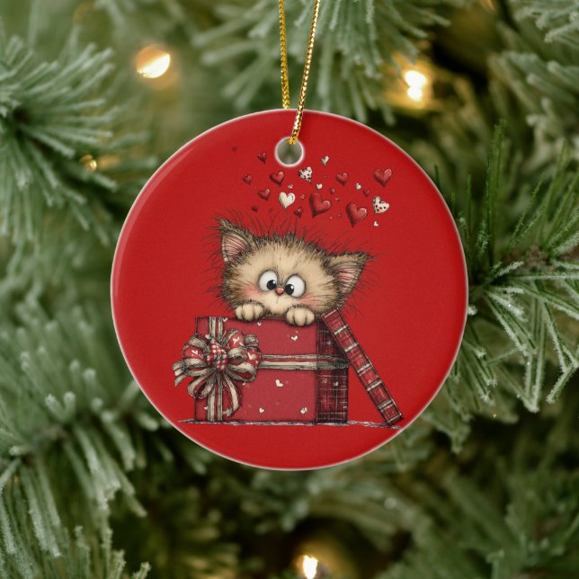Süßes Cartoon-Kätzchen mit Herzen Keramik Ornament (Baum)