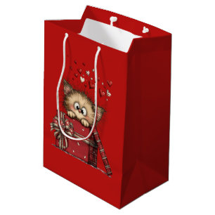 Süßes Cartoon-Kätzchen mit Herzen Mittlere Geschenktüte