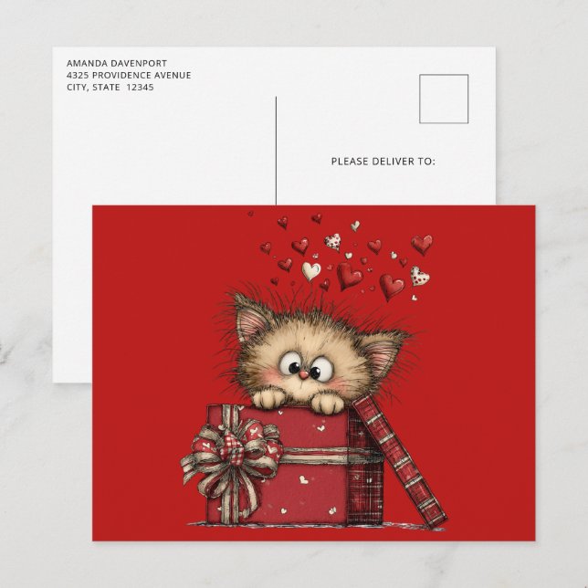 Süßes Cartoon-Kätzchen mit Herzen Postkarte (Vorne/Hinten)