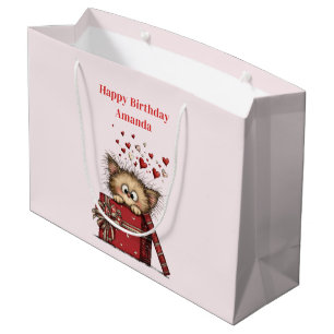 Süßes Cartoon-Kätzchen mit Herzen zum Geburtstag Große Geschenktüte