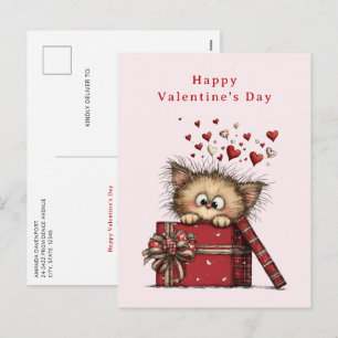 Süßes Cartoon-Kätzchen mit Herzen zum Valentinstag Feiertagspostkarte