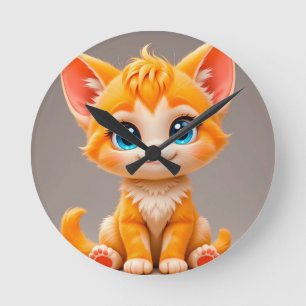 Süßes Cartoon Orange Kätzchen Runde Wanduhr