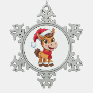 Süßes Cartoon-Pony mit Weihnachtsmütze und -schal Schneeflocken Zinn-Ornament