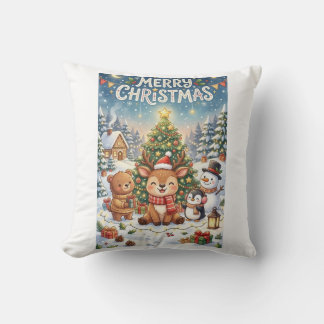 • Süßes Cartoon-Weihnachtsrentier und Freunde Wint Kissen