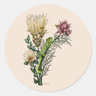 Süßes Chamäleon im Blumenbouquet Botanische Kunst Runder Aufkleber