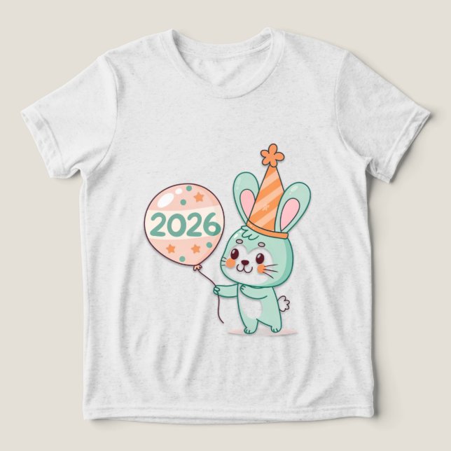 Süßes Chibi-Hasenmaskottchen mit 2026 Ballons  Tri-Blend Shirt (Design Vorderseite)