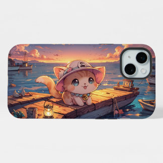 Süßes Chibi-Kätzchen am Hafen-Sonnenuntergang – Wh iPhone 15 Plus Hülle