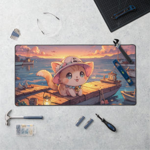 Süßes Chibi-Kätzchen am Hafen-Sonnenuntergang – Wh Schreibtischunterlage